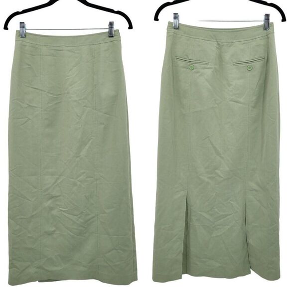 Vintage 80s Chadwick's Sage Green Maxi Skirt 6 Rayon Straight Back Slits Modest - Picture 1 of 11